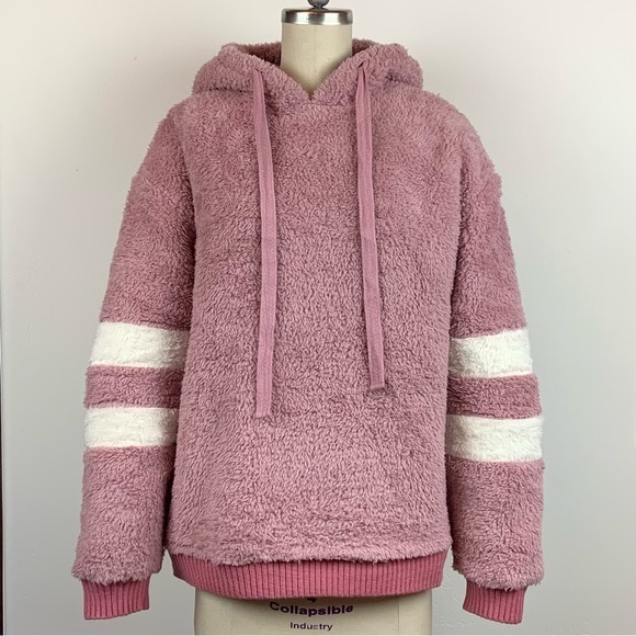 Sporty Varsity Stripe Pink Dusty Rose Fluffy Soft Teddy Hooded Sweatshirt Top - Picture 9 of 9